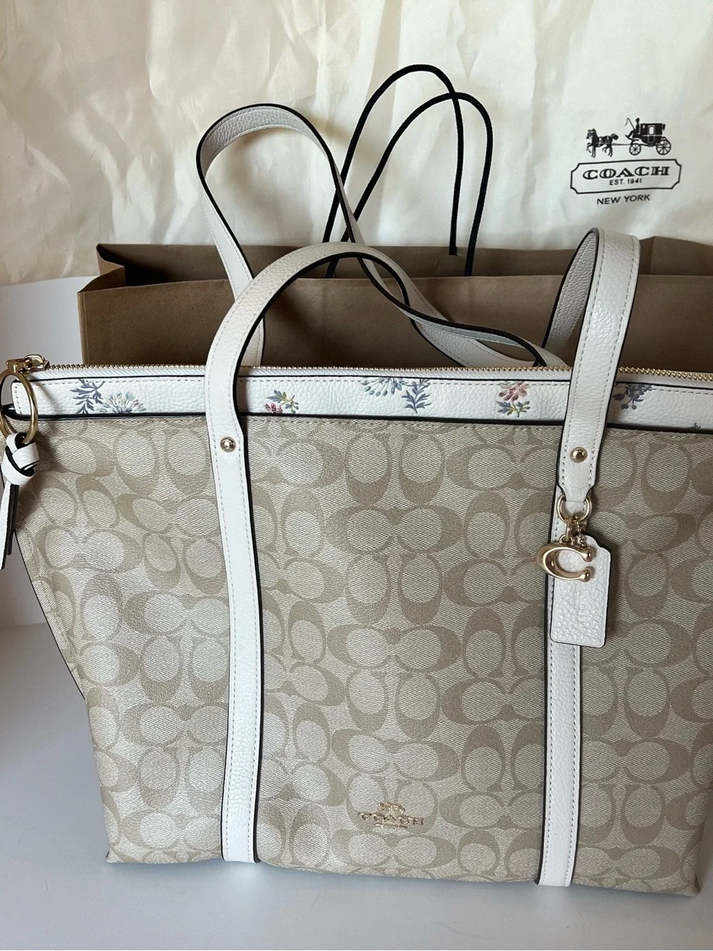 Coach Women's Beige Signature Tote with White Floral Trim